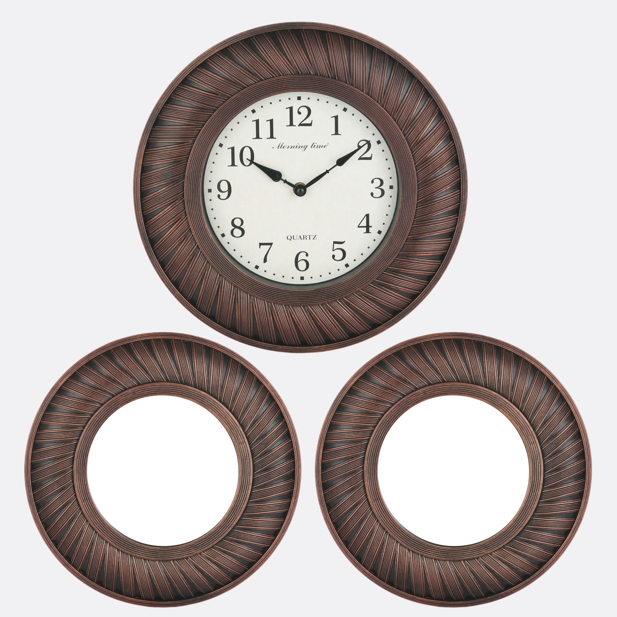 Wooden Texture Mirrors With Clock (Set Of Three)