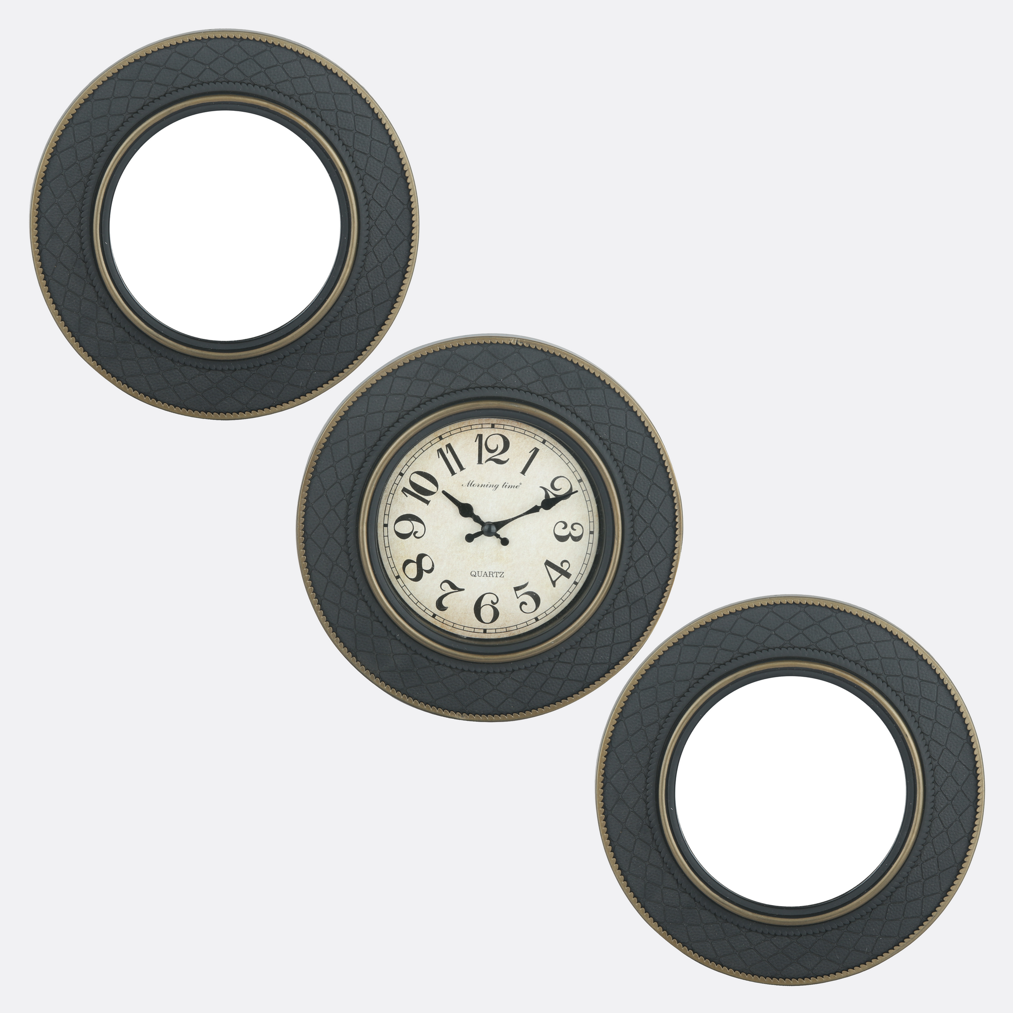 Mirrors Wall Hangings With Clock (Set Of Three)
