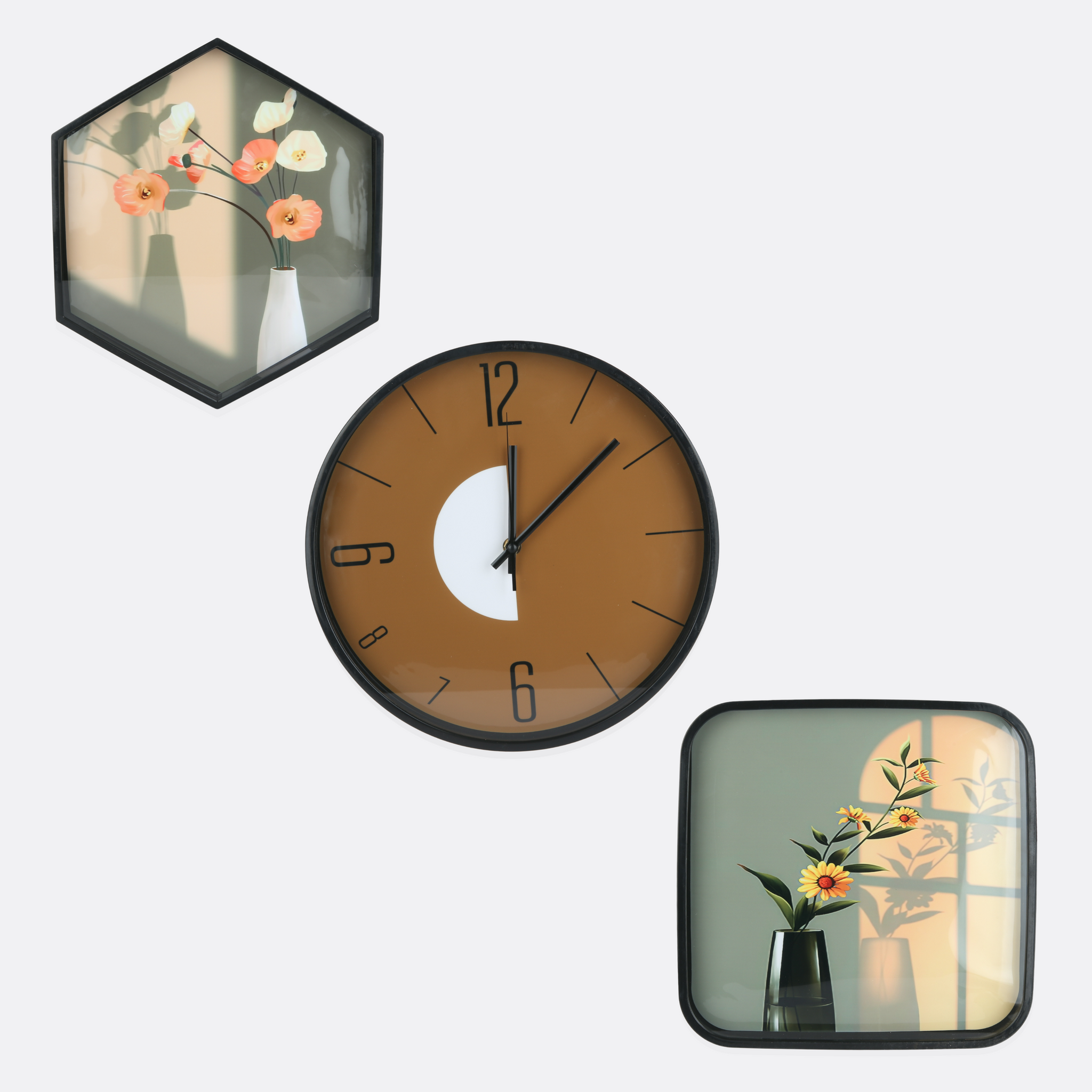 Clock With Matching Pattern Frames (Set Of Three)