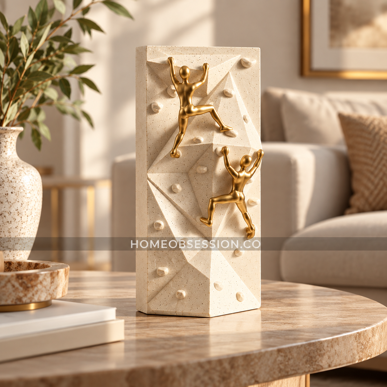 Twin Rock Climbers Sculpture on Geometric Wall