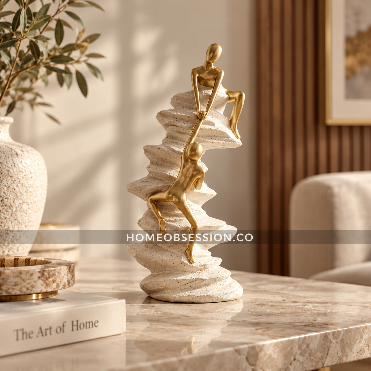 Twin Rock Climbers Sculpture – Golden Decorative Showpiece for Home Décor